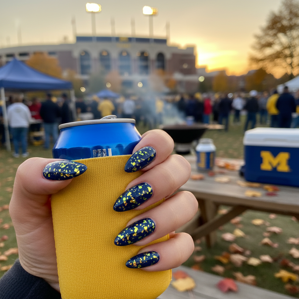 Go Blue University of Michigan dip powder lifestyle shot with gameday styling