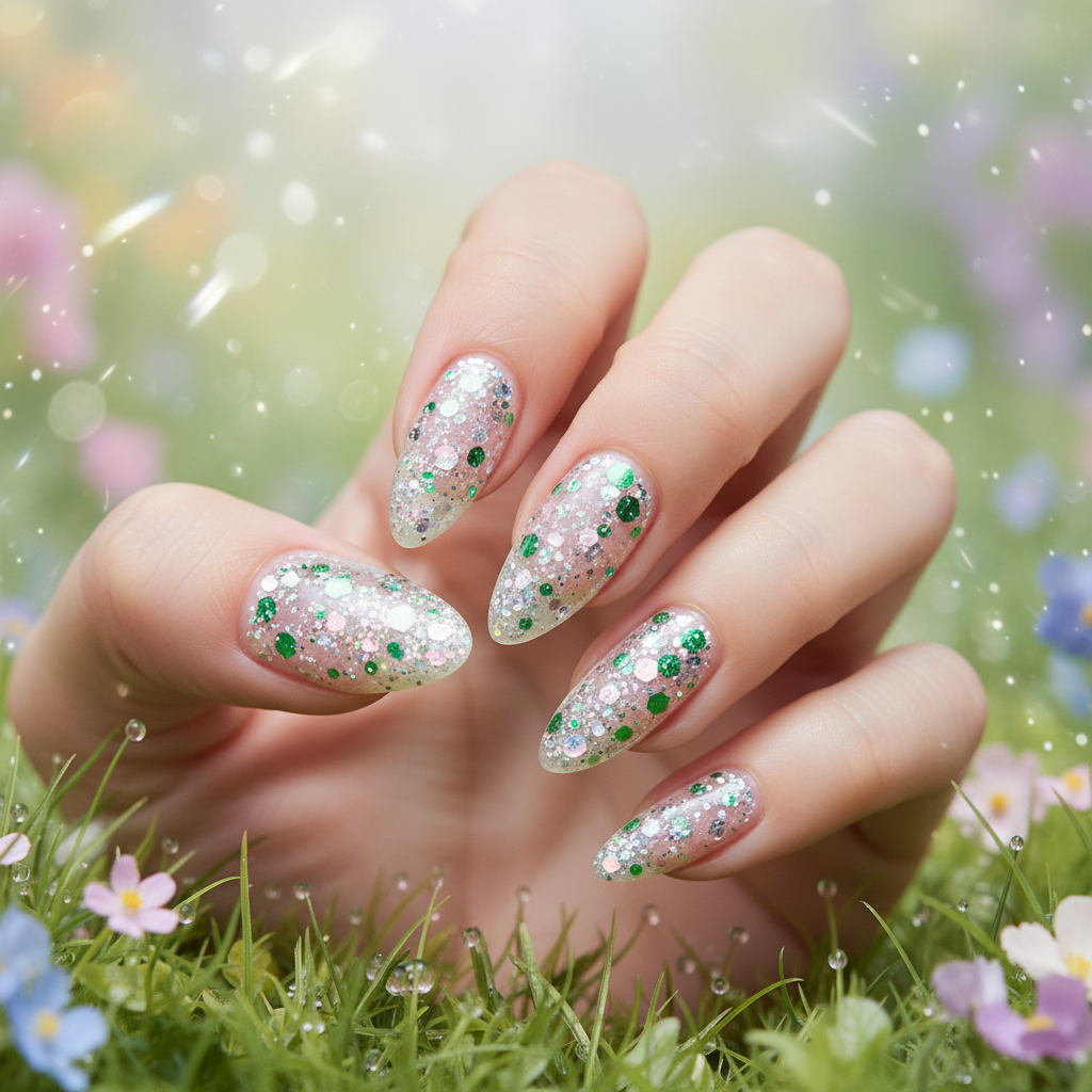 Enchanted Meadow Glow dip powder lifestyle shot with whimsical meadow and floral styling