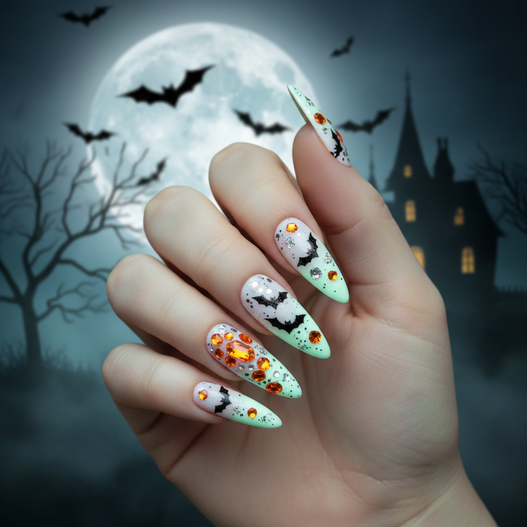 Hand with long stiletto nails in Batty Glow — milky white with black bat glitter and orange gems glowing in the dark against a Halloween night background
