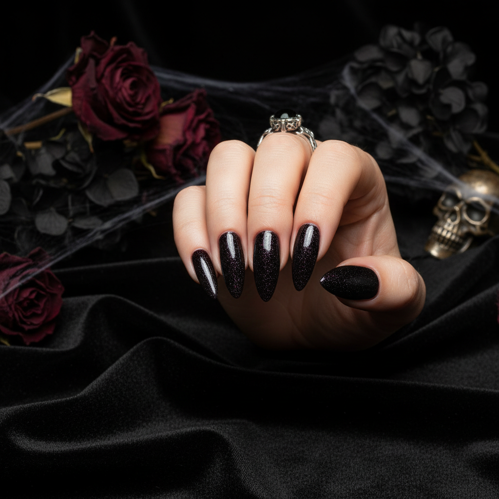 Widow's Nest dark plum dip powder lifestyle shot with dark moody gothic aesthetic