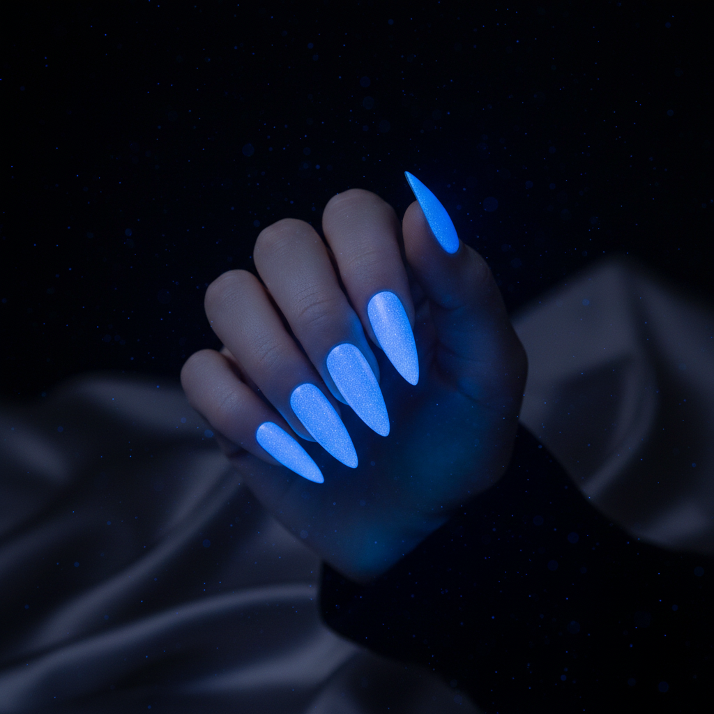 Electric blue UV glowing nails in the dark