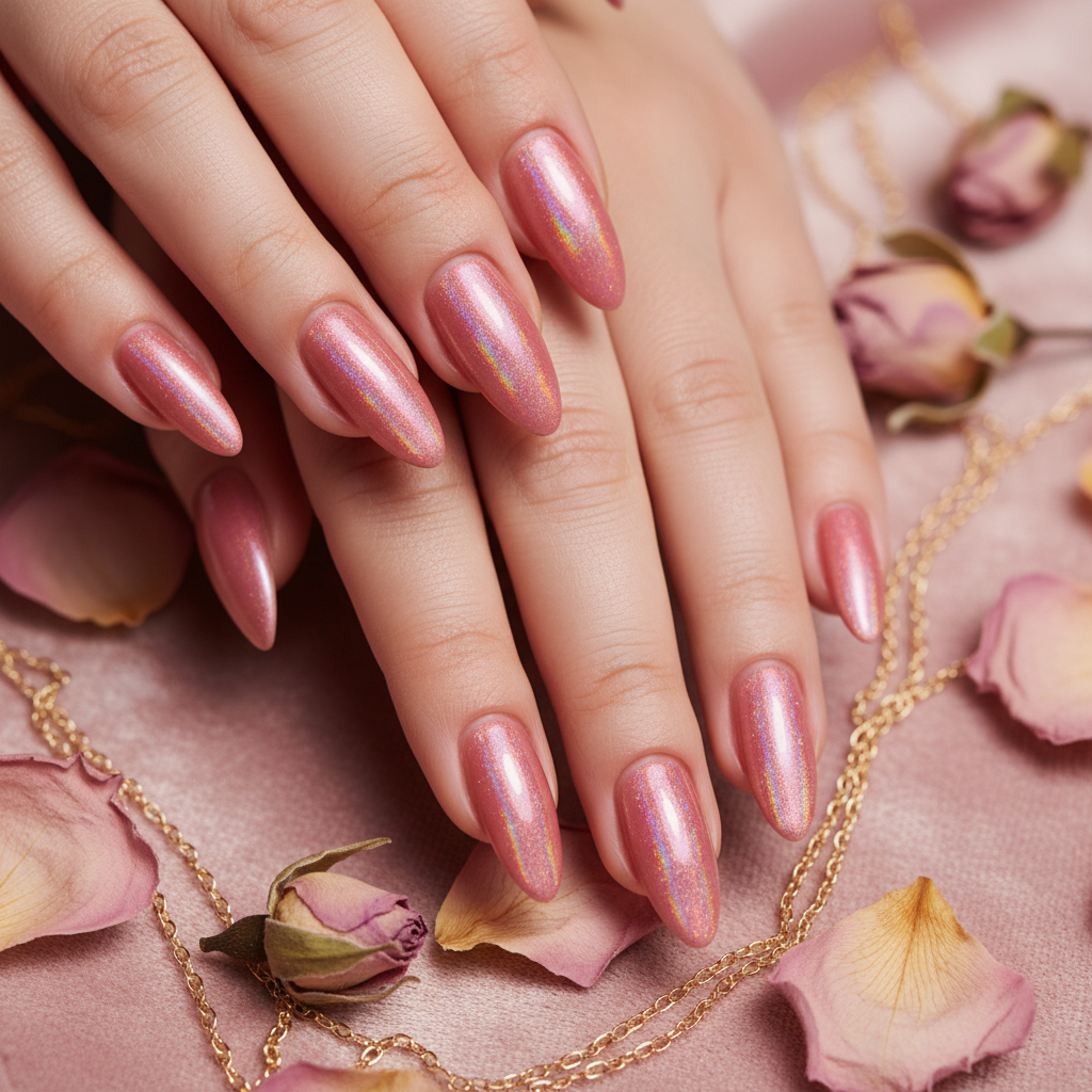 Rose-pink holographic shimmer nails with dried roses and gold chain accents
