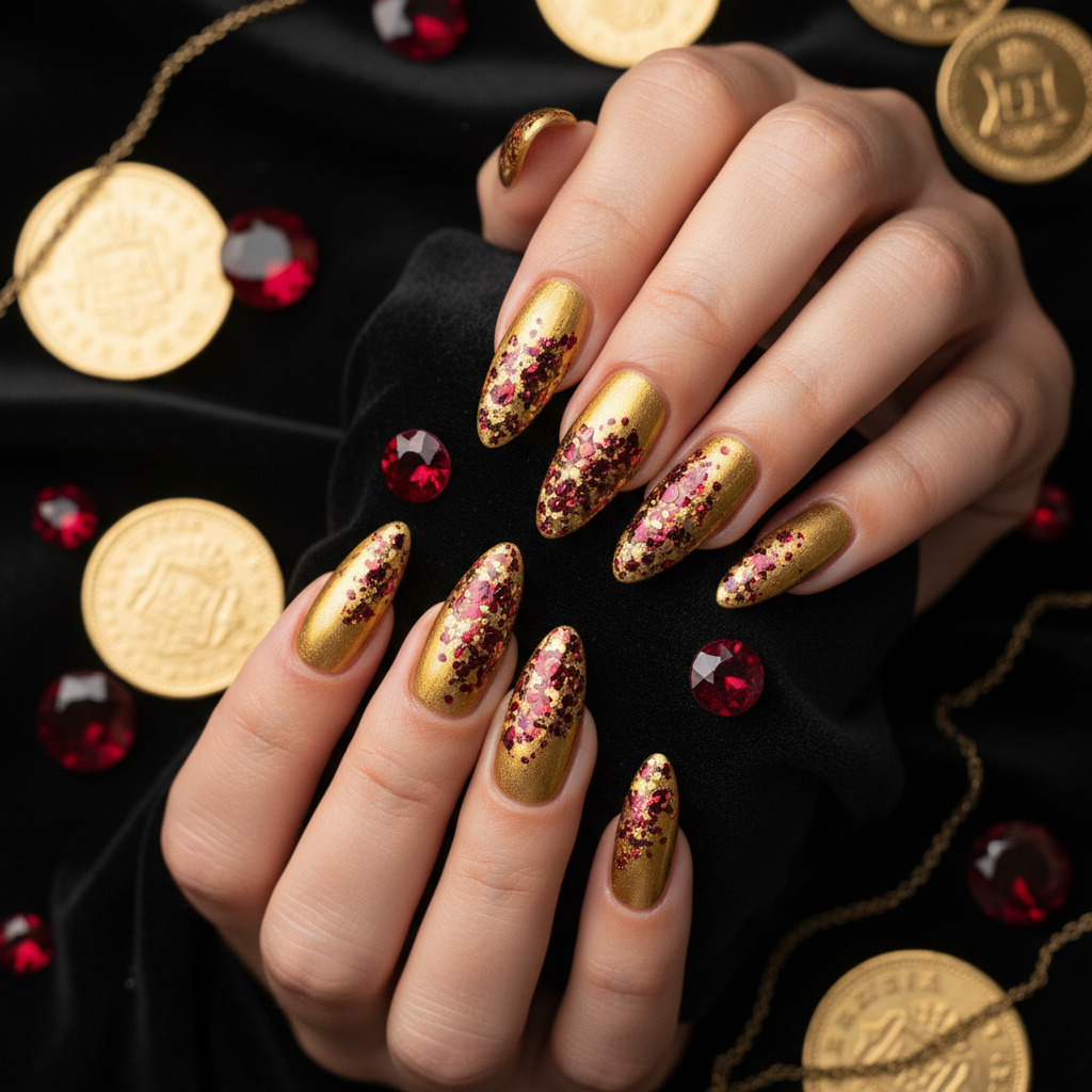 Rich yellow-gold with deep burgundy glitter flakes nails on black velvet