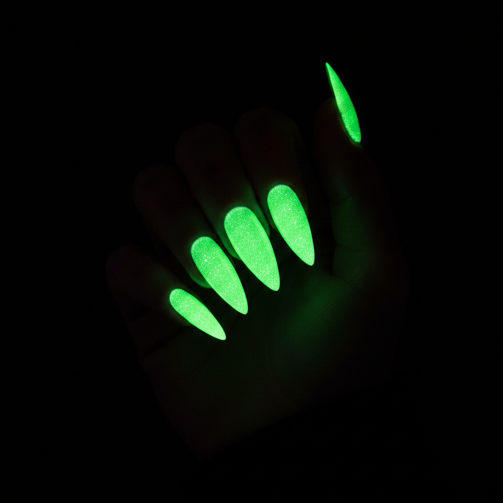 Neon green UV glowing nails in the dark
