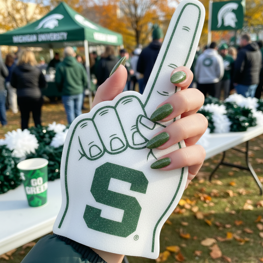 Sparty MSU Spartan green glitter dip powder lifestyle shot with gameday styling
