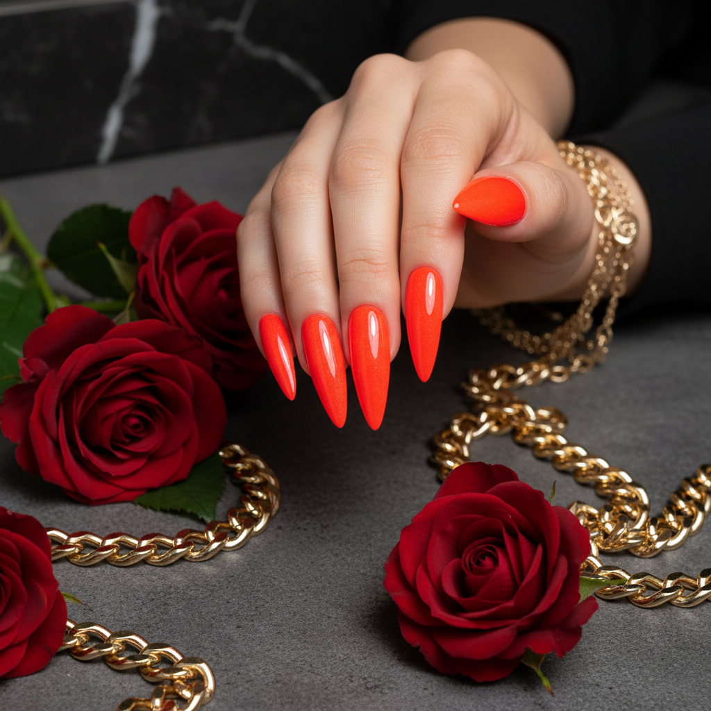 Neon red-orange nails with roses and gold chain accents