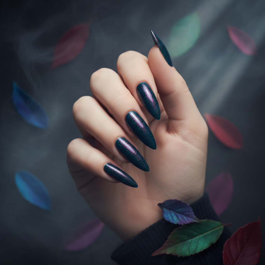 Hand with long stiletto nails in Faded Autumn Aqua — deep navy teal with magenta and blue-violet aurora flakes against a moody autumn background