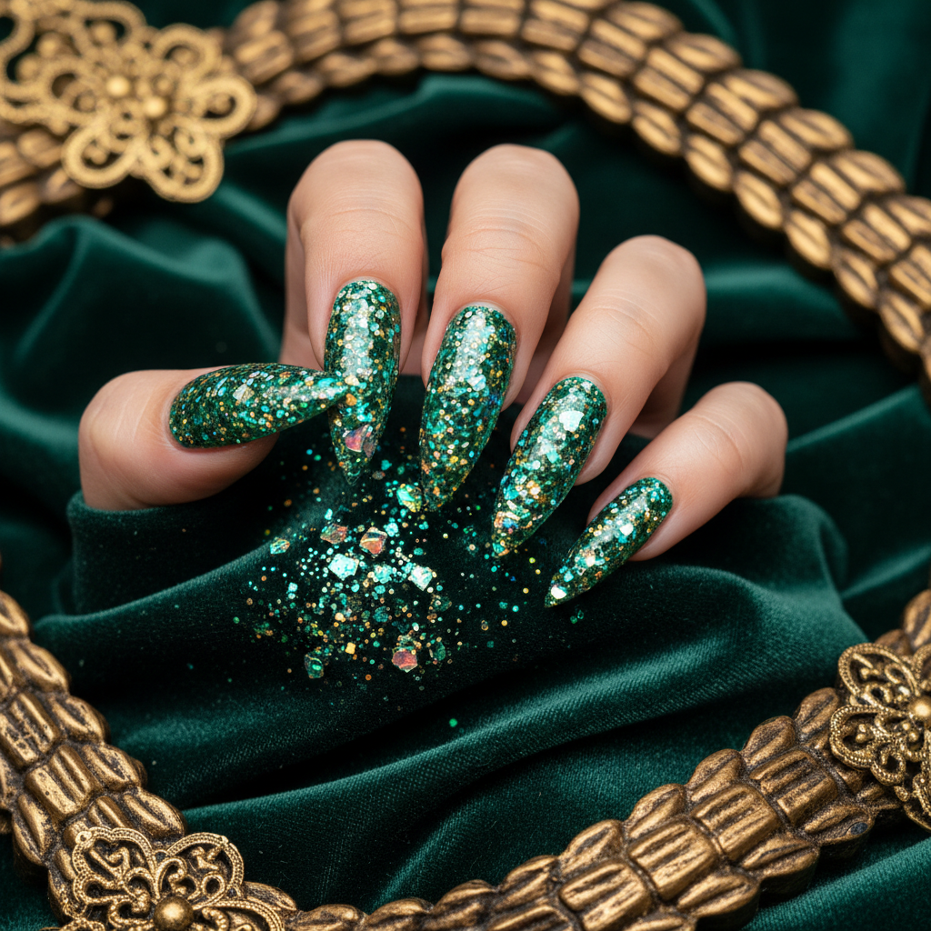 Green and gold holographic chunky glitter nails with dragon scale props