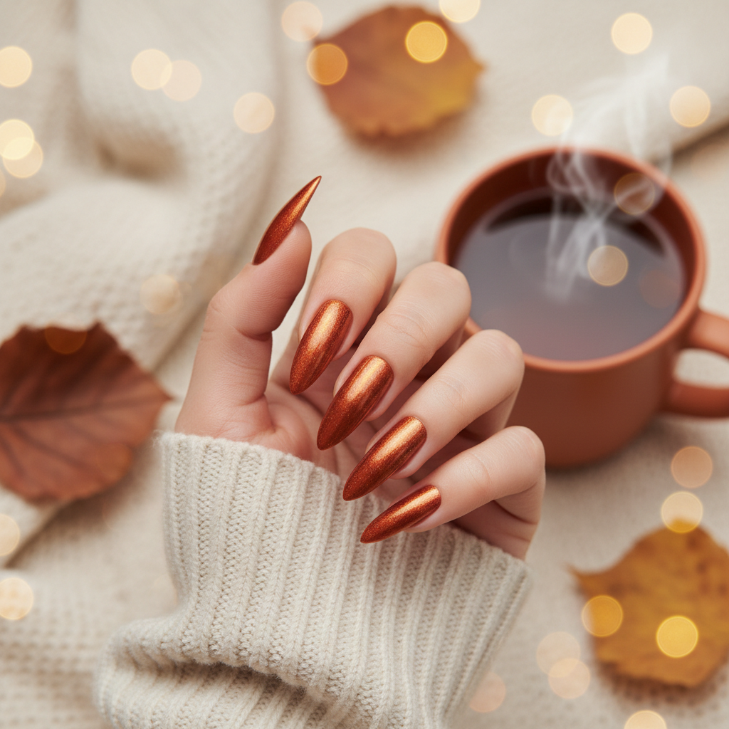 Hand with long stiletto nails in Toasted Kiss — warm burnt copper-orange with fine metallic gold shimmer