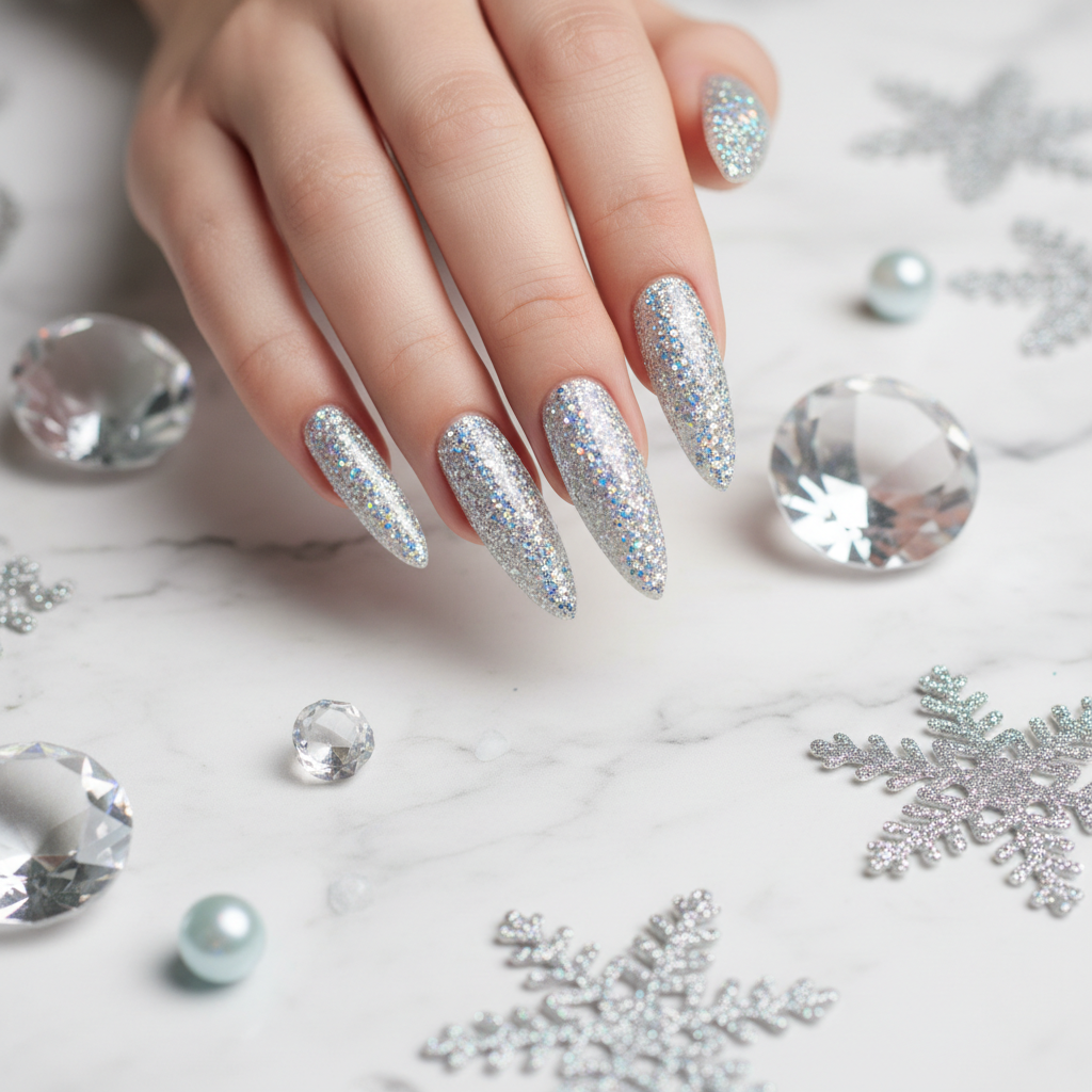 Dense holographic silver glitter nails with crystal snowflakes on white marble
