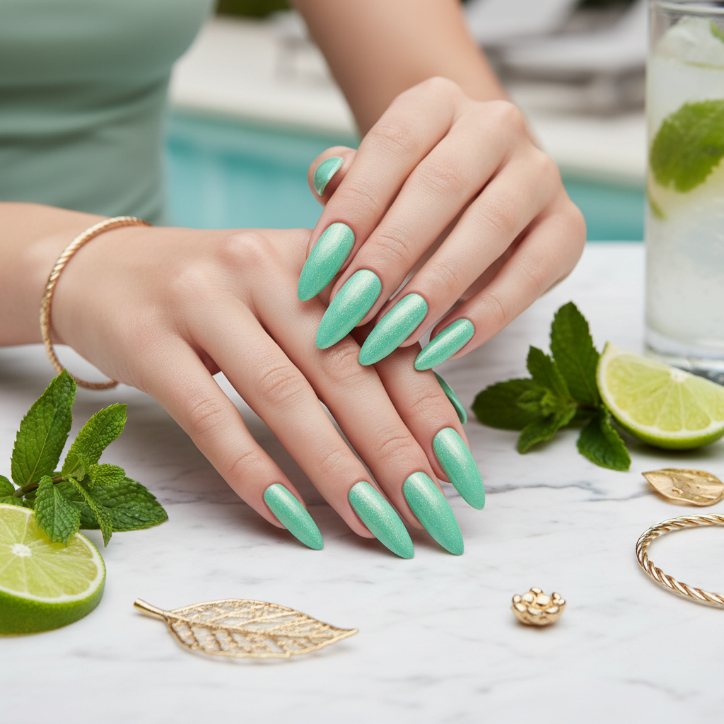 Fresh mint green shimmer nails with mint leaves and lime on white marble
