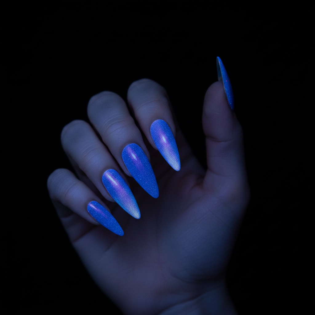 Cobalt blue aurora UV glowing nails in the dark