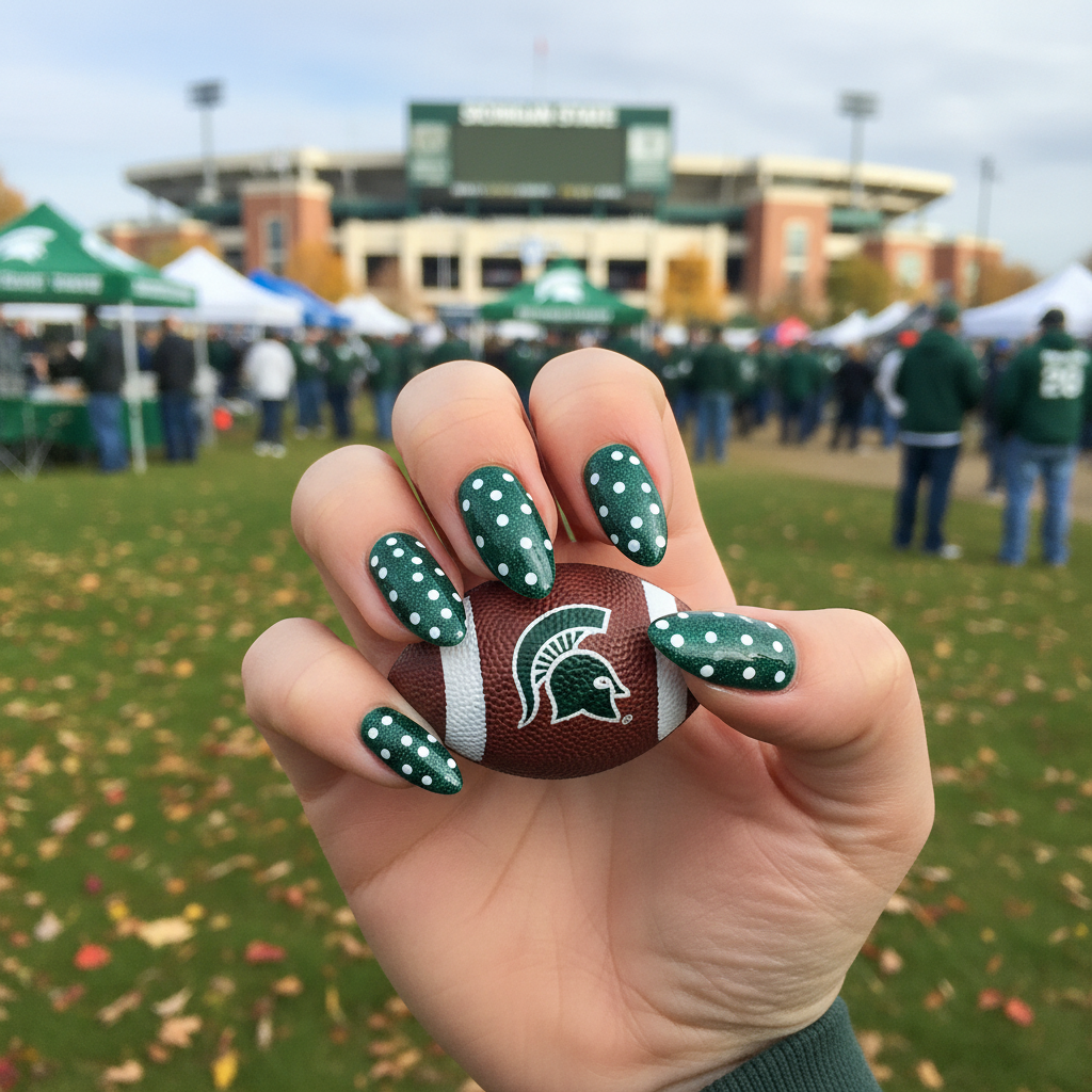 Go Green Go White MSU Spartan dip powder lifestyle shot with gameday styling