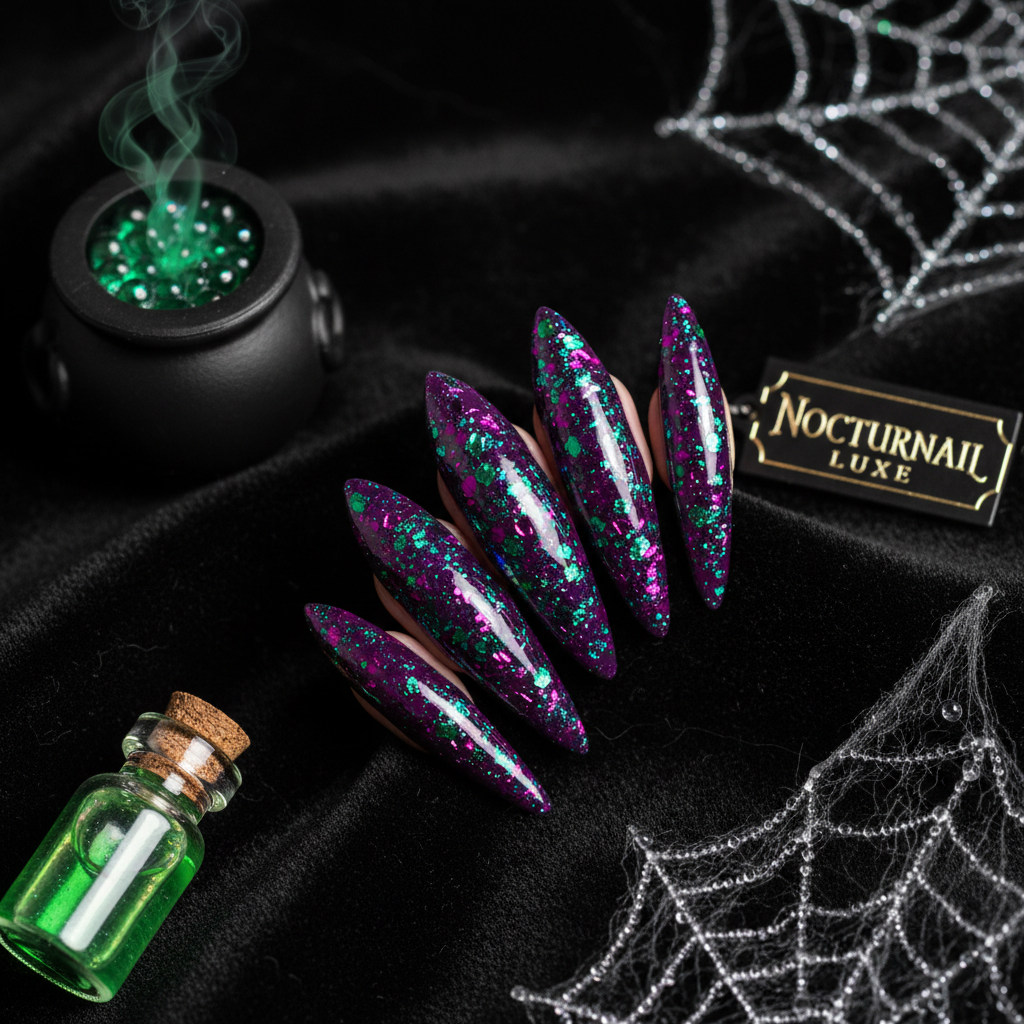 Deep purple chunky glitter nails with witchy Halloween props