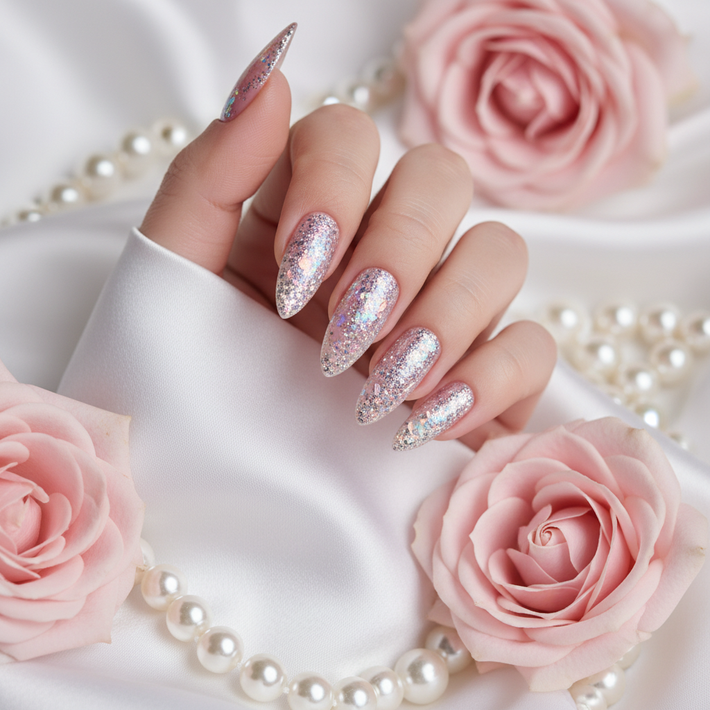 Soft ballet pink silver micro glitter nails on white satin with roses