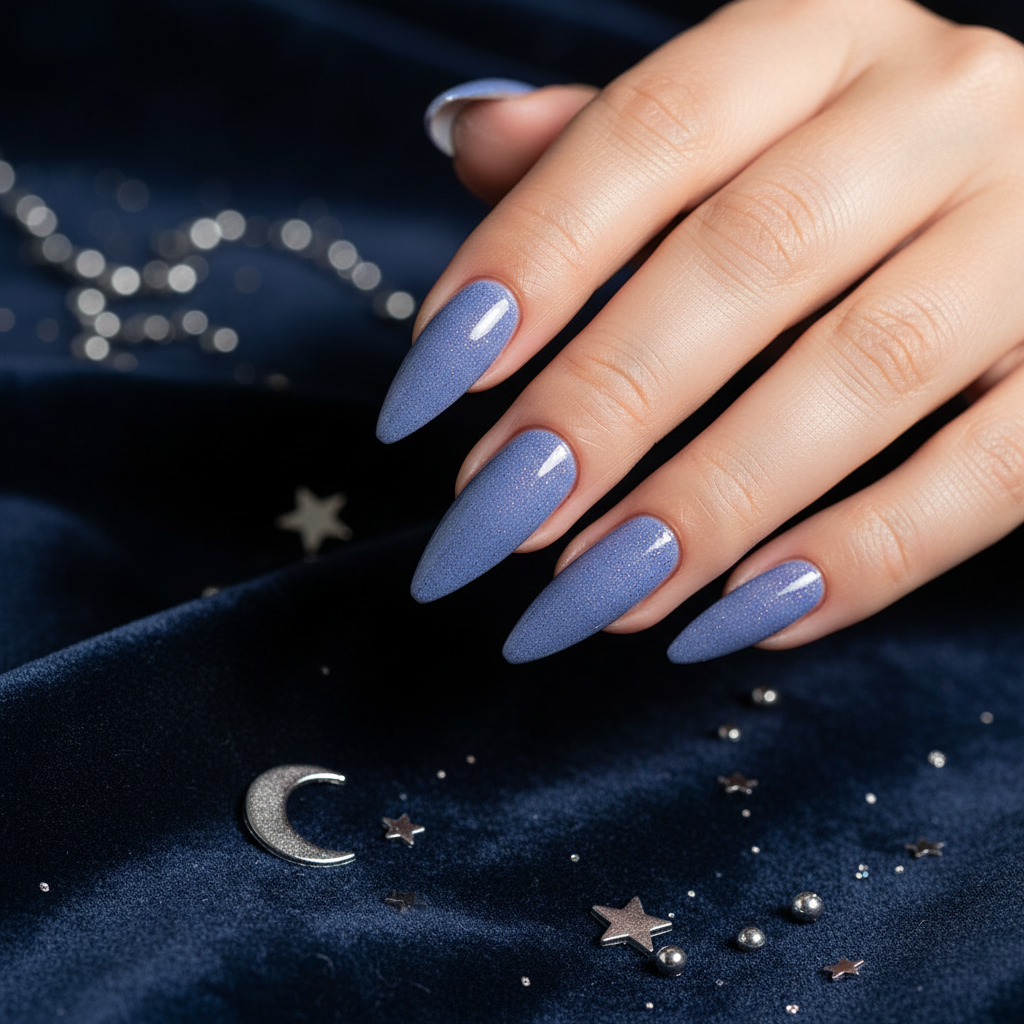 Soft periwinkle blue shimmer nails with celestial moon and star props