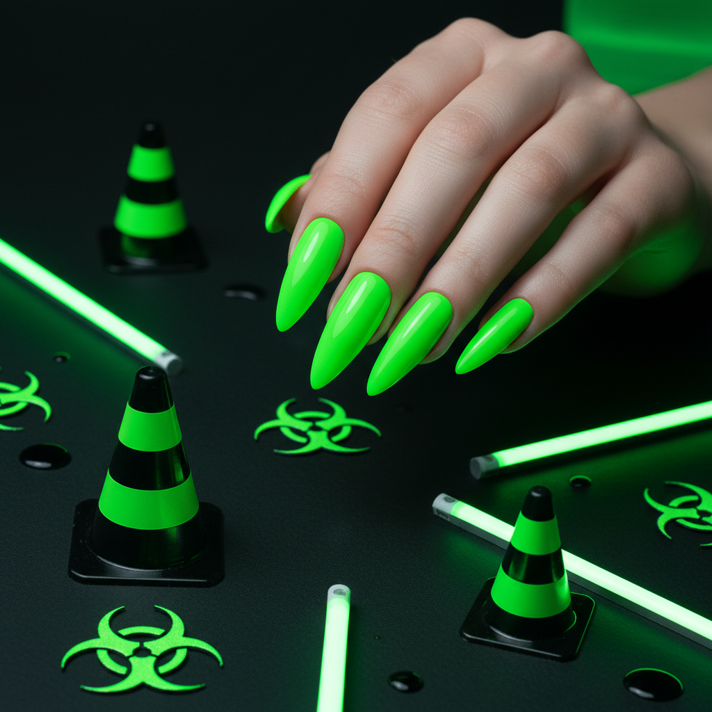 Neon lime green nails with hazard props and electric green lighting