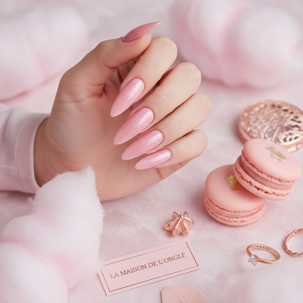 Soft candy pink shimmer nails with macarons and rose gold accents