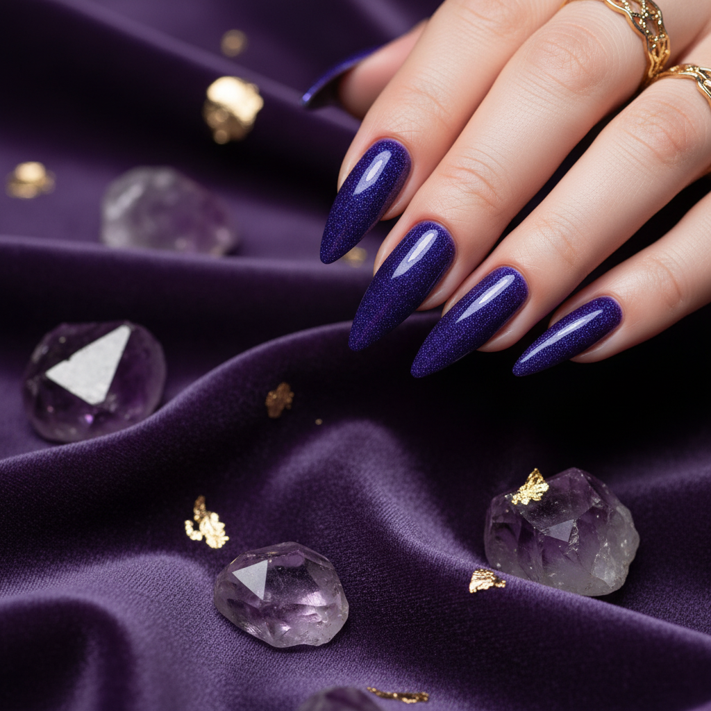 Deep indigo-purple shimmer nails with amethyst crystals and gold accents