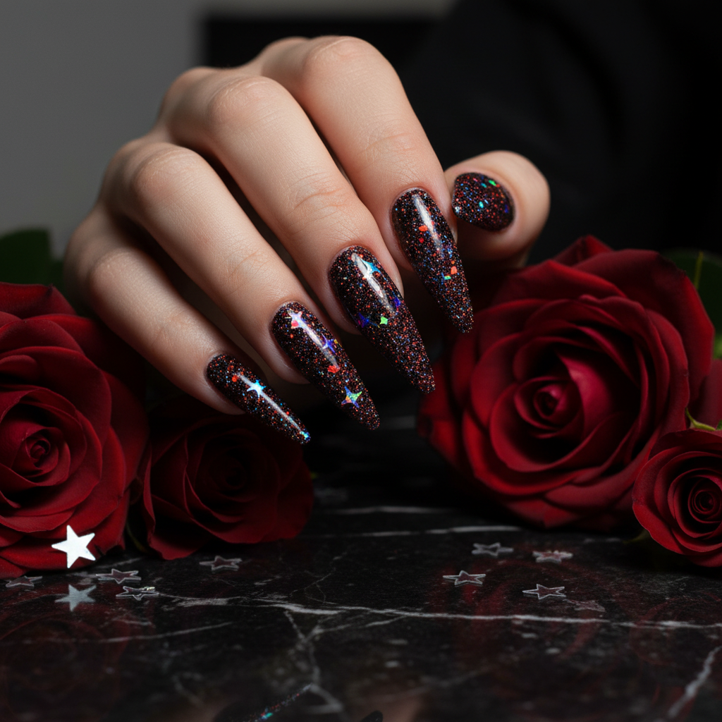 Deep black base with red glitter and holographic star flakes on black marble with dark red roses