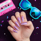Pink-purple chunky holographic glitter nails with retro 90s props