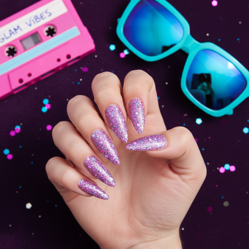 Pink-purple chunky holographic glitter nails with retro 90s props