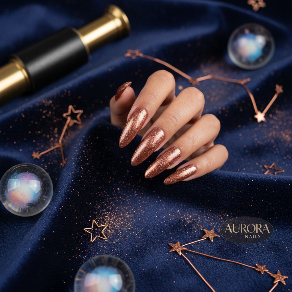 Warm copper-bronze shimmer nails with cosmic galaxy props