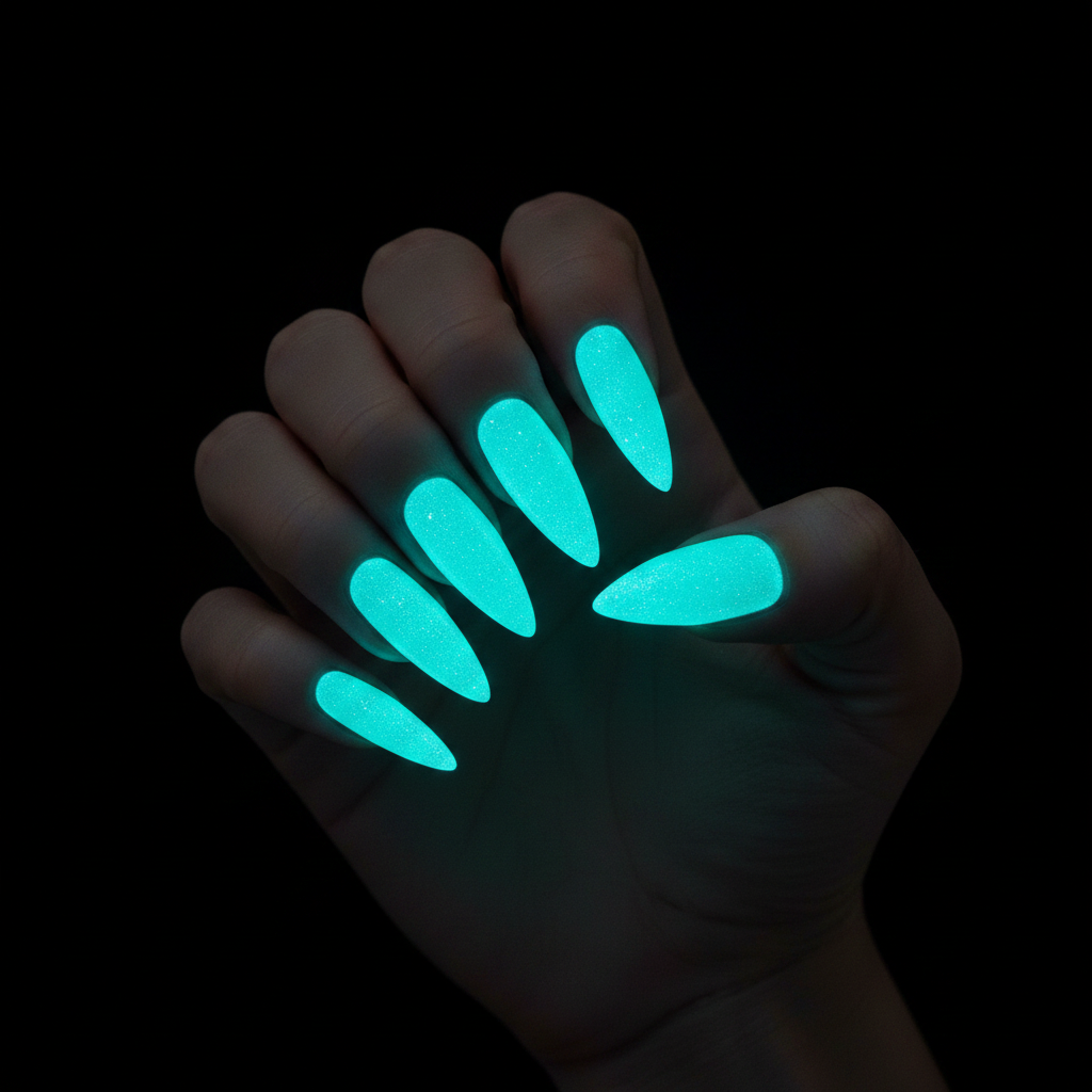 Bright teal UV glowing nails in the dark