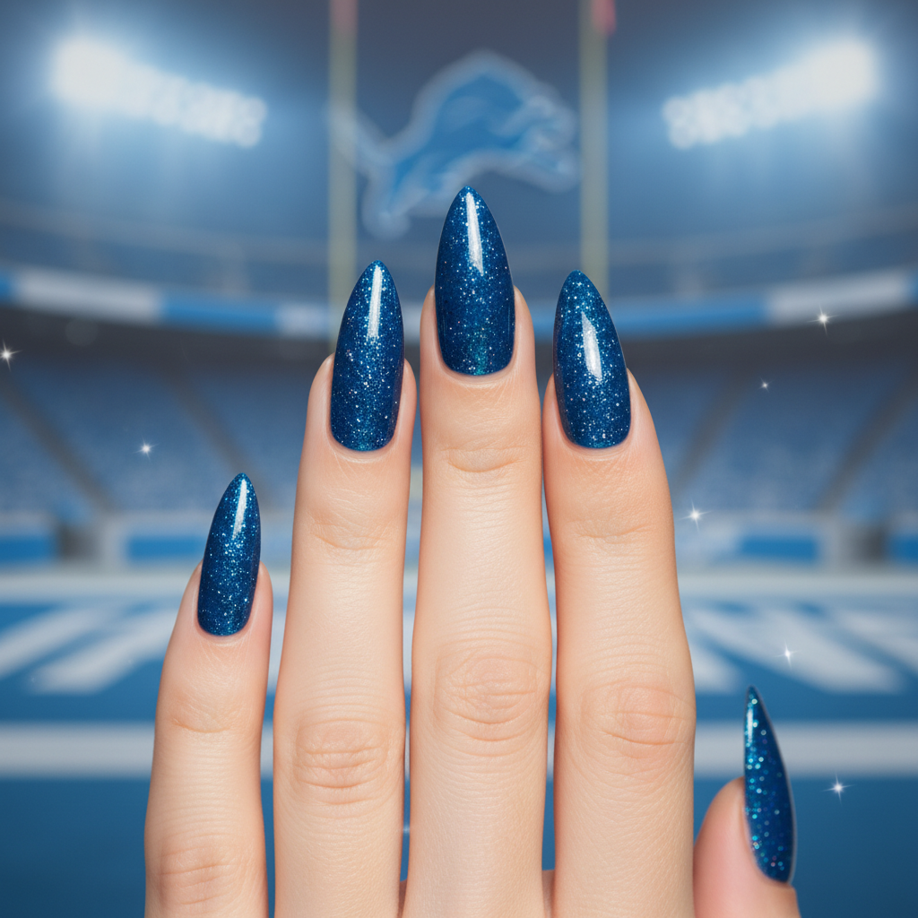 Hand with 4 fingers showing long stiletto nails in Lion Pride — deep royal Honolulu blue with ultra-fine silver and blue glitter shimmer against a Detroit Lions inspired background