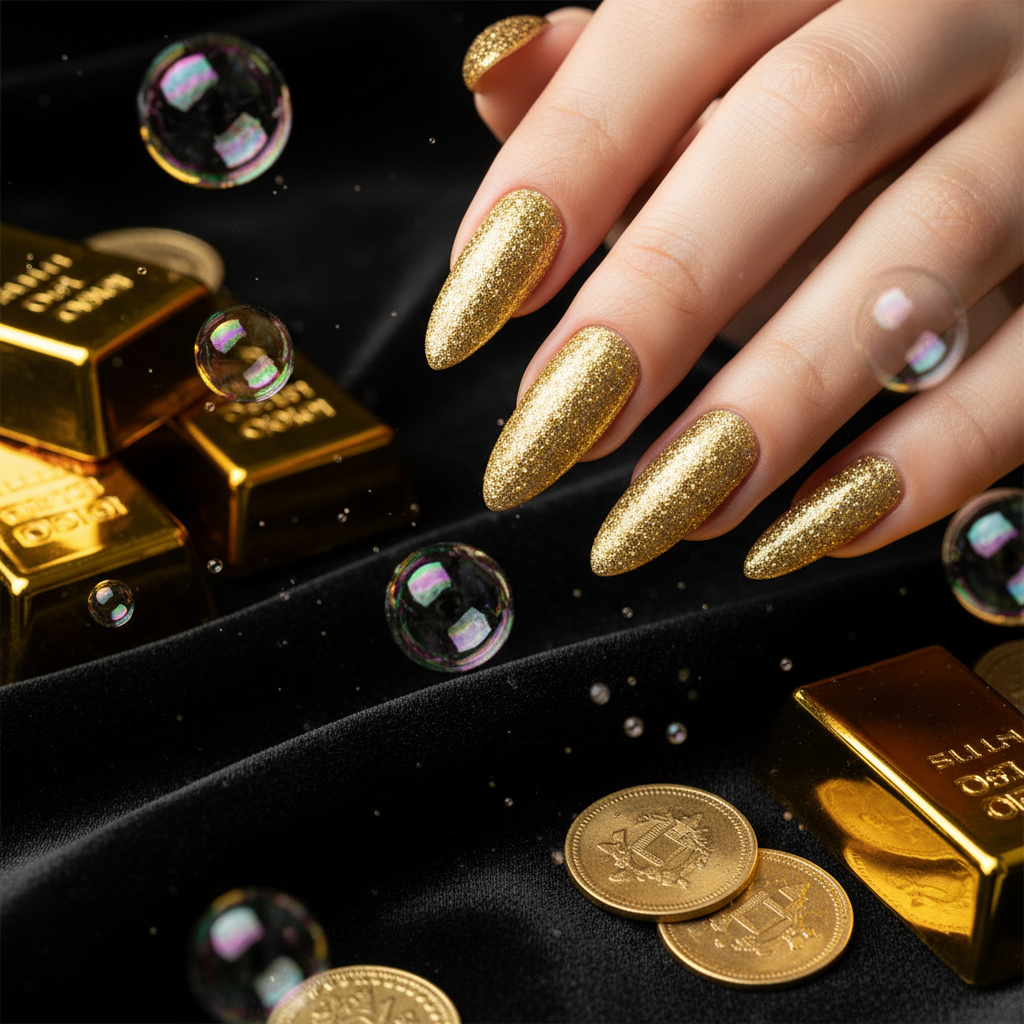 Pure bright gold glitter nails on black velvet with gold coins