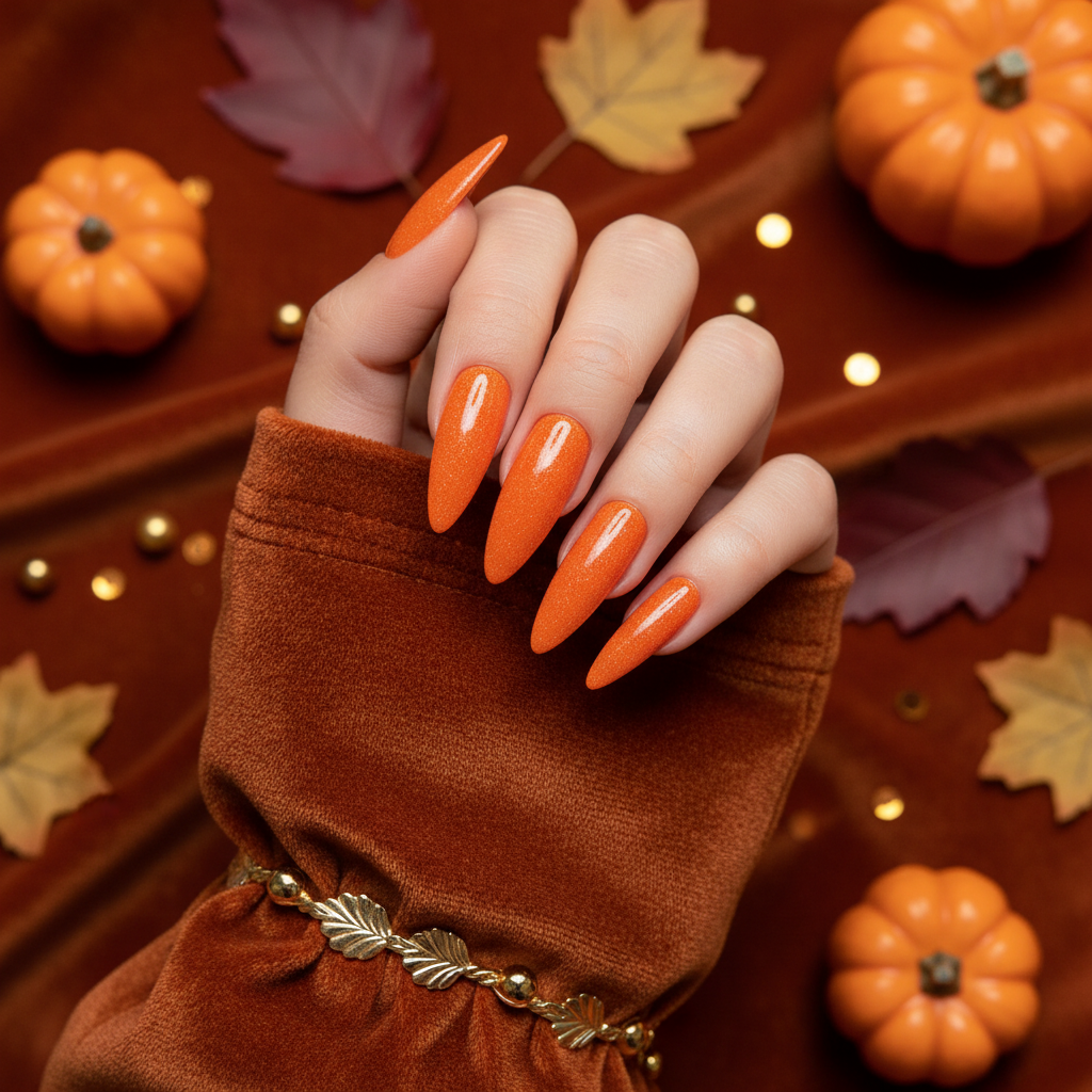 Vivid orange shimmer nails with autumn pumpkin props on burnt orange velvet