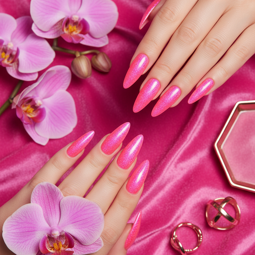 Vivid neon hot pink shimmer nails with orchids and rose gold accents
