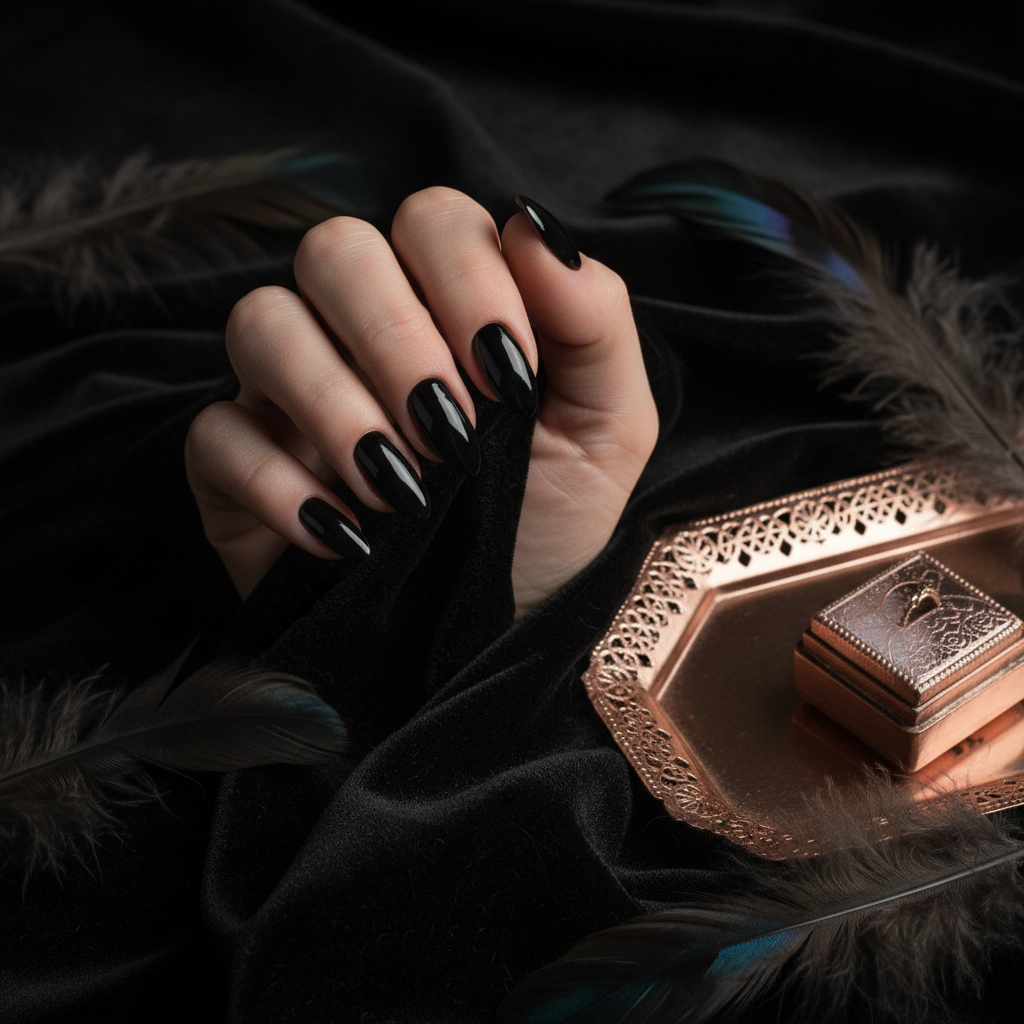 Raven jet-black dip powder on almond nails with dark moody editorial styling