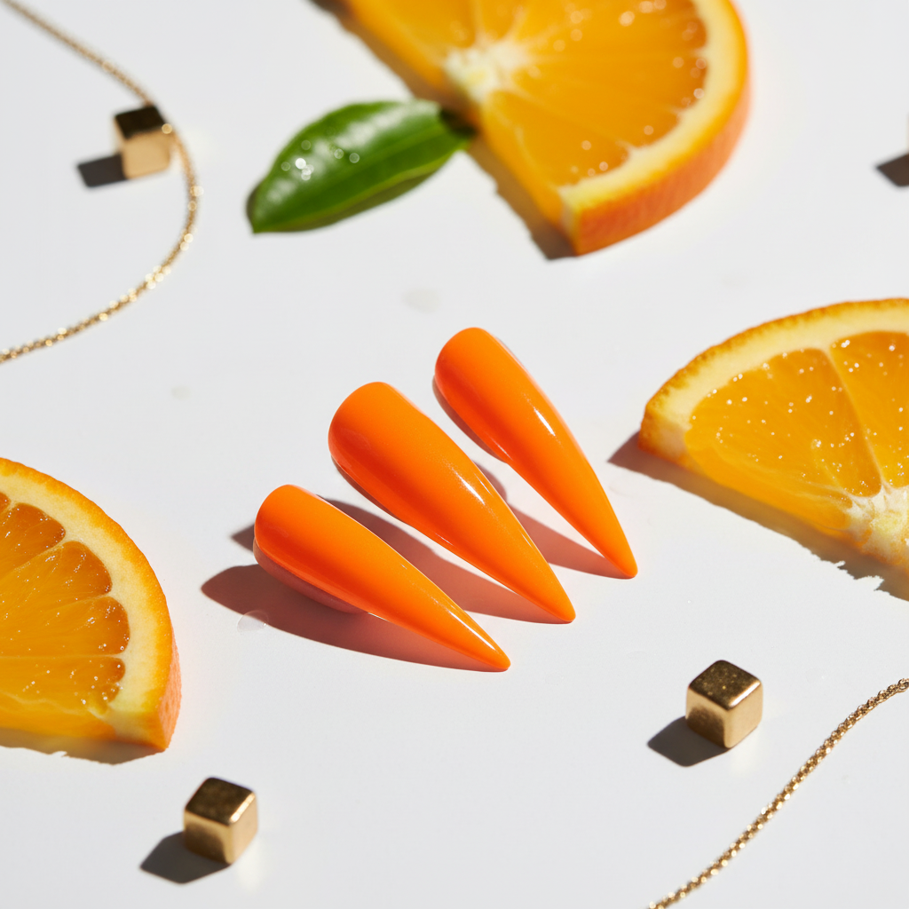 Neon orange nails with tropical props and orange slices