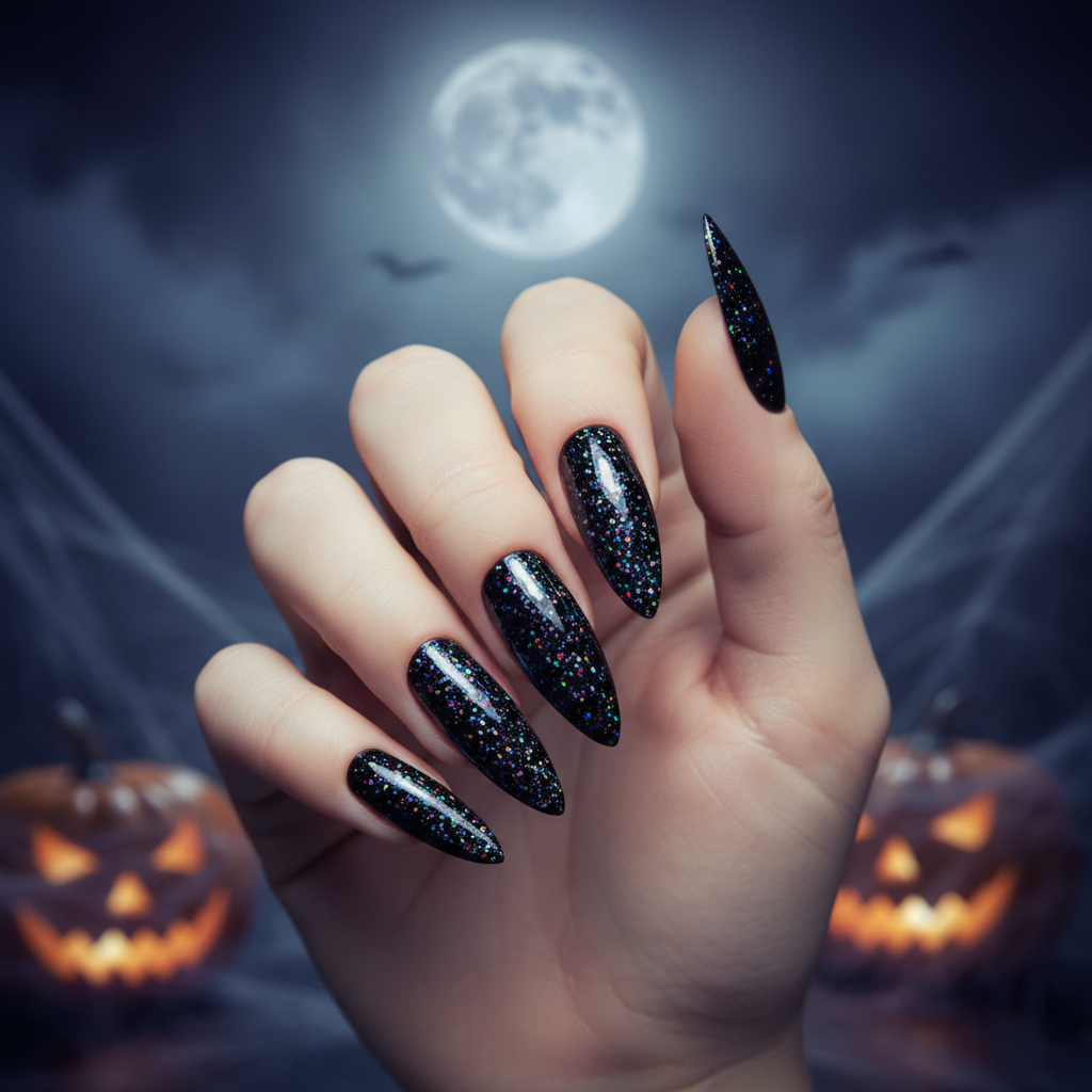Hand with long stiletto nails in Wicked Spark — jet black with multicolor holographic glitter against a spooky Halloween background