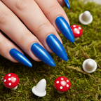 Vivid cobalt blue nails with Smurf mushroom village props